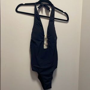 Tory Burch black XS swimsuit with gold branded clasps